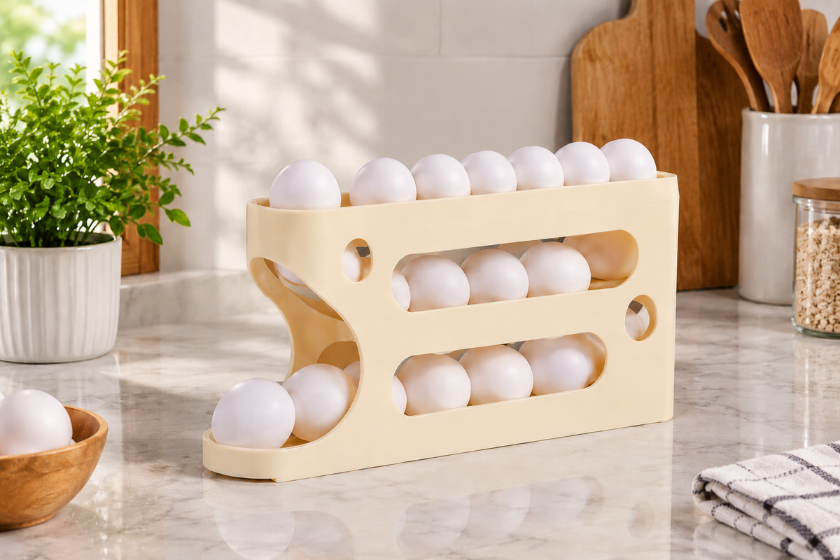 Rolling Egg & Lemon Dispenser for 18-24 Eggs, Space-Saving And Durable Storage Solution With Gravity three Layer Plastic Egg Holder Container Storage Rack Ideal For Fridge And Pantry Rectangular