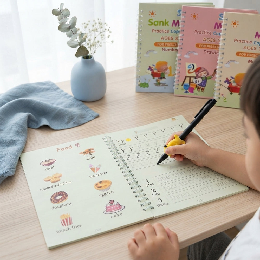 A child practicing handwriting in a magic copybook with ink fading on the page on a wooden desk.