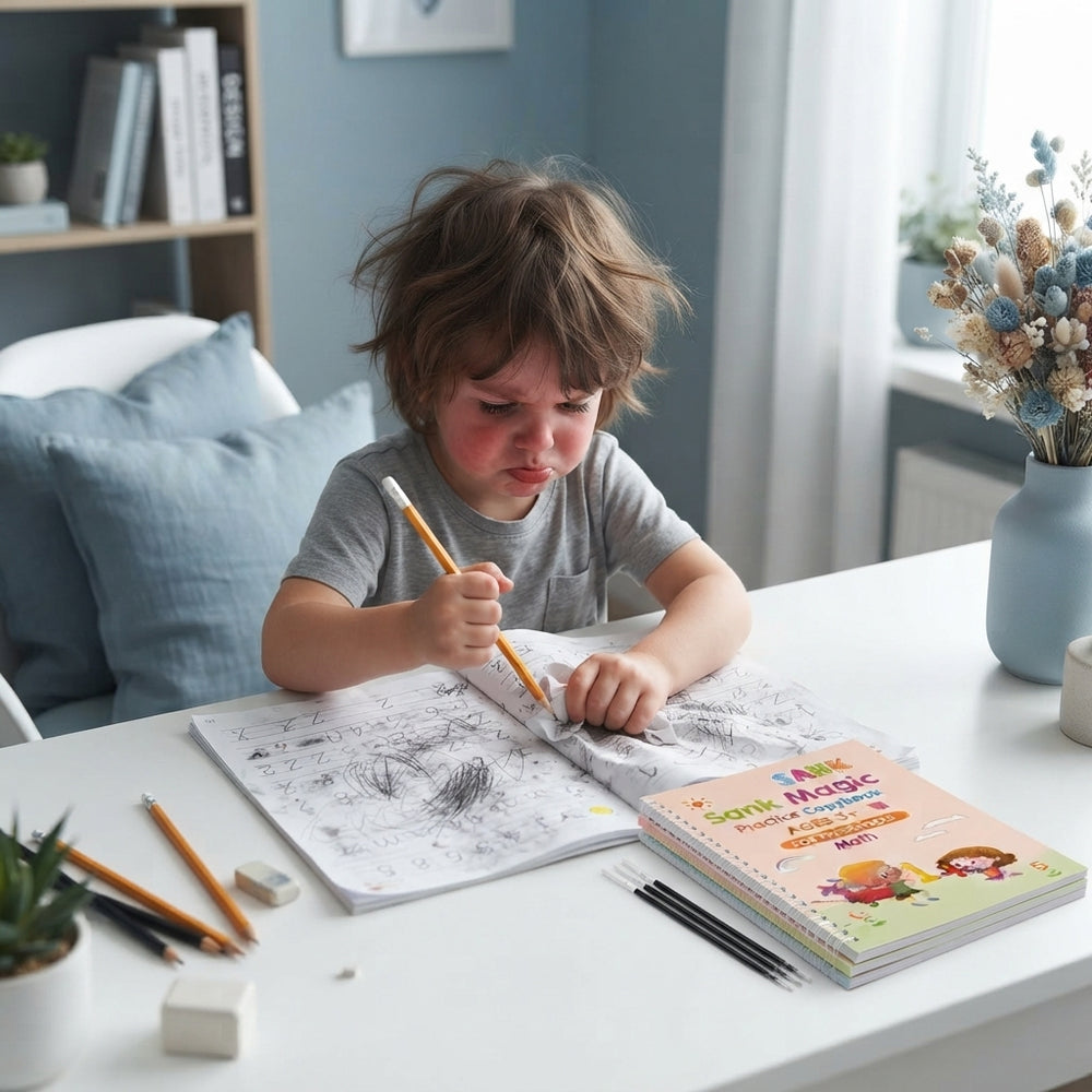 A child looking frustrated at a messy workbook with eraser marks, highlighting the struggle of traditional handwriting practi